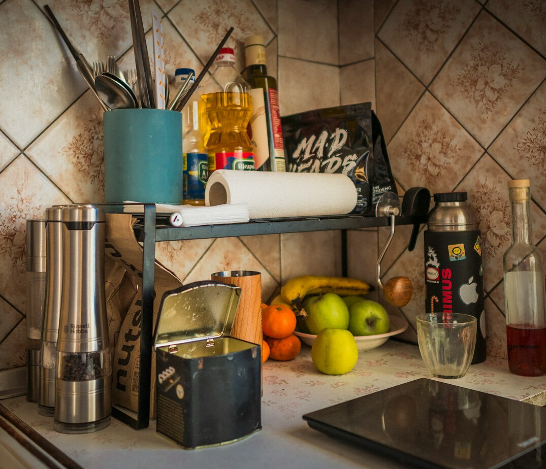 kitchen counter with organized items