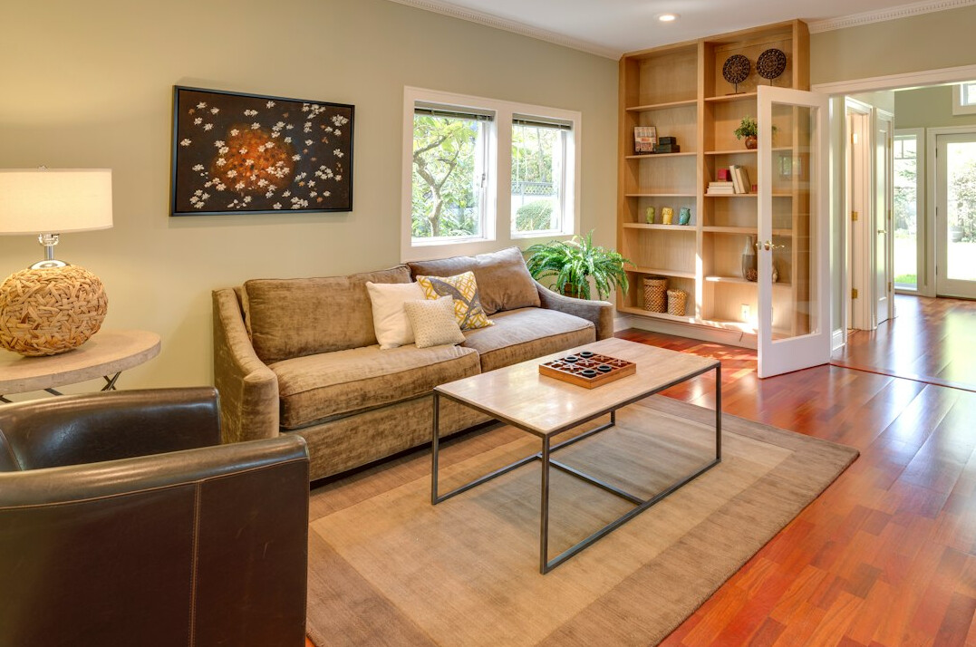 organized living room with shelves