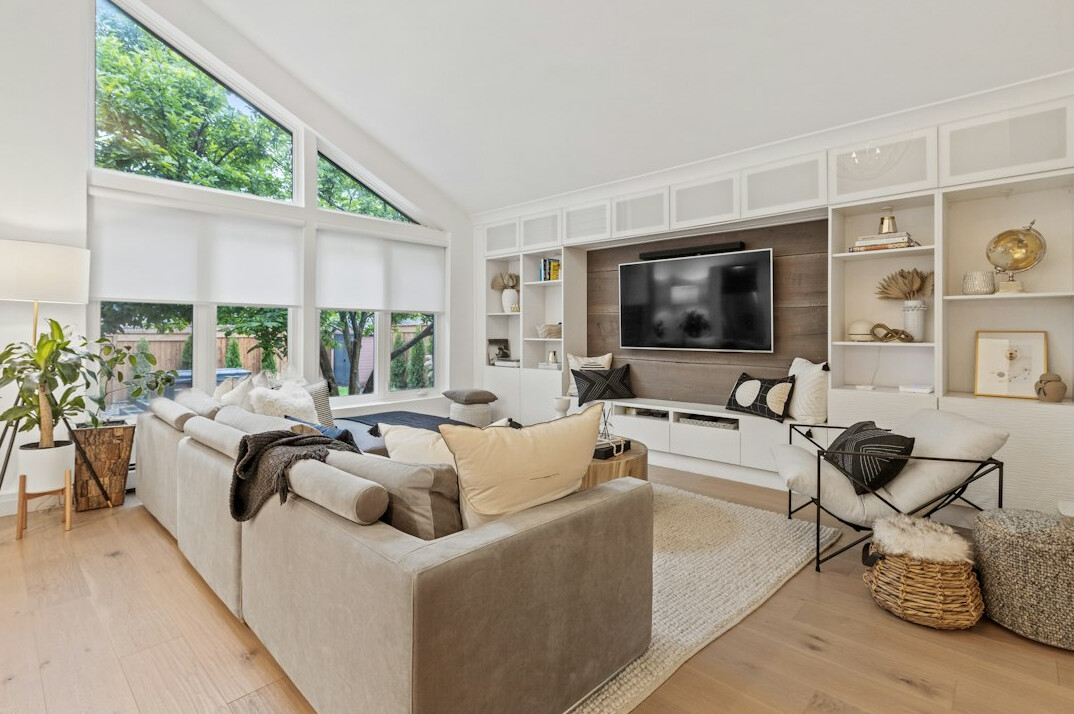 organized living room with shelves